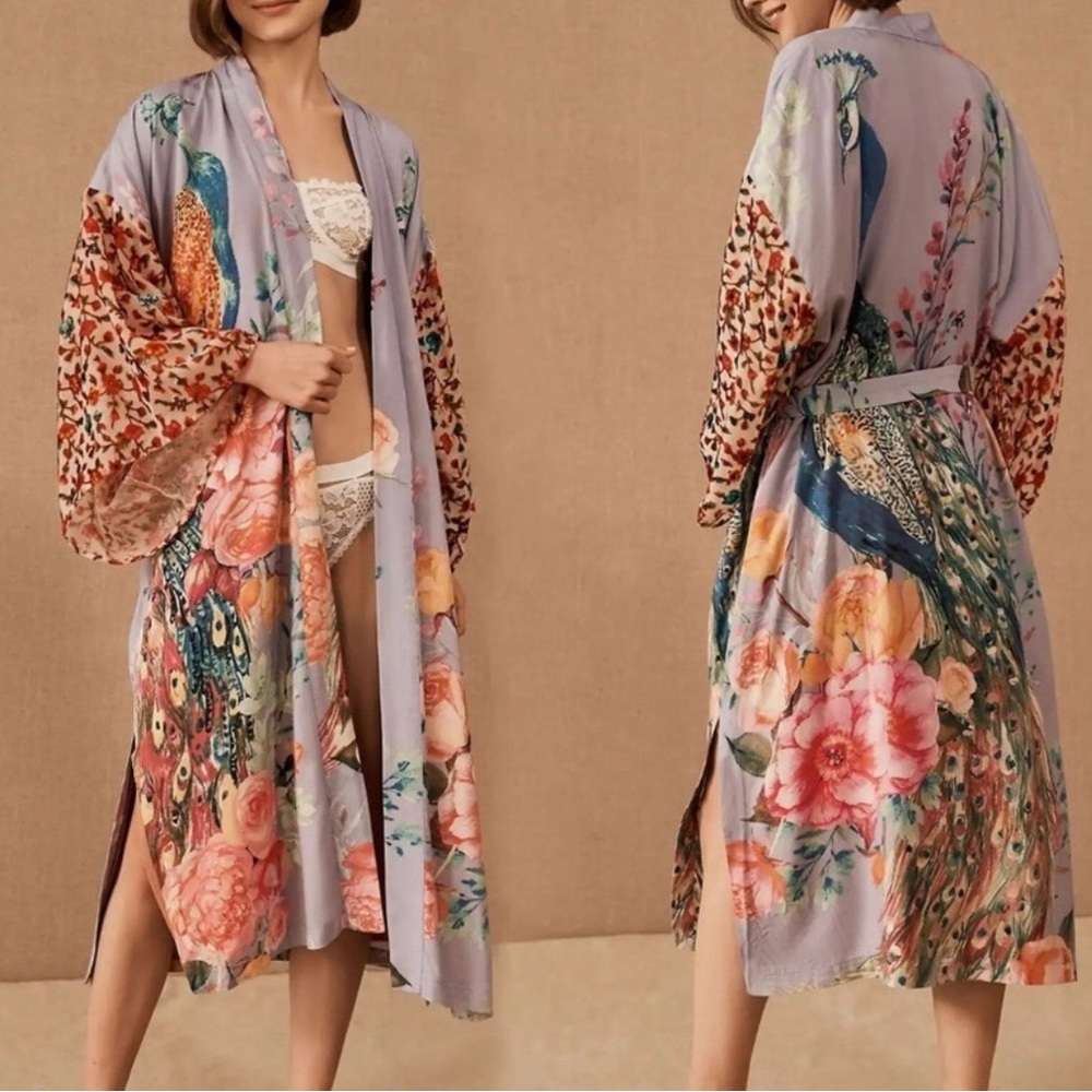 New peacock kimono robe, purple one size